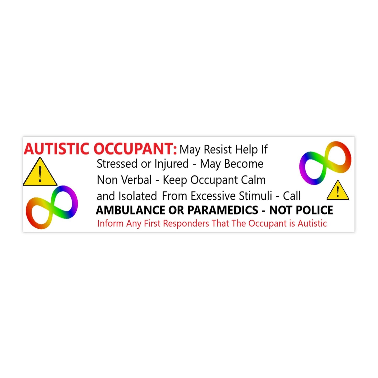 Autism Awareness - Autistic Occupant Safety Stickers for Car, Home, Work - Autism Apparel